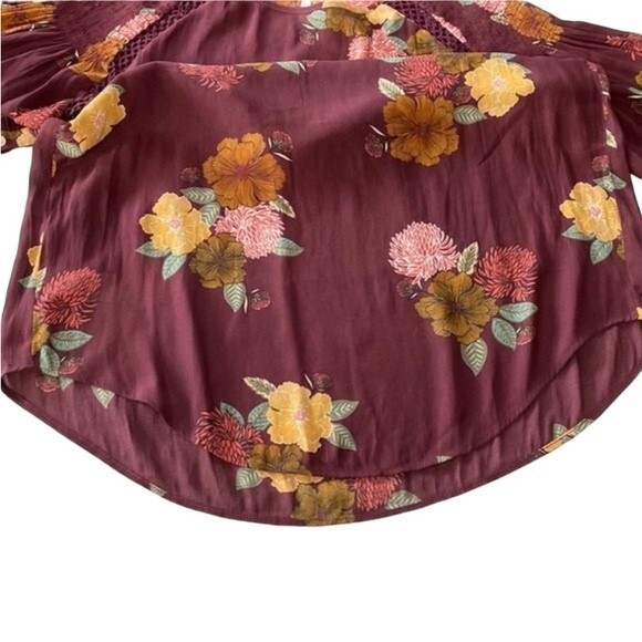 LOFT Burgundy Floral Long Sleeve Key Hole Back Blouse Ruched Crochet Lace Flowy - Picture 13 of 15